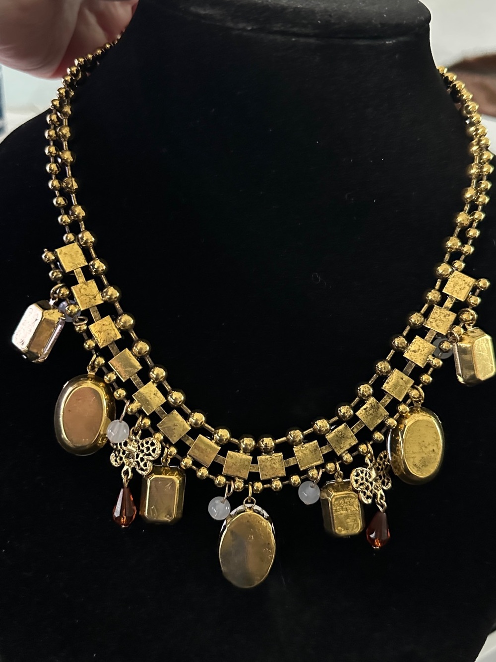 Vintage Champagne Crystal Bib Necklace Filigree Charms Adjustable 19-23" - Picture 4 of 4
